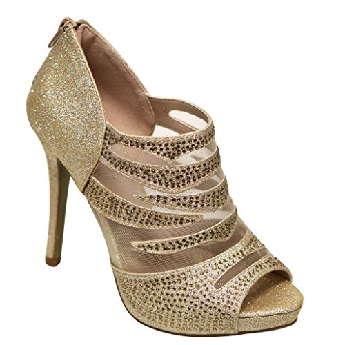 Top Moda Paula-1 Women's peep toe gladiator mesh upper rear zipper high heel beads glitter pumps shoes Champagne 6.5