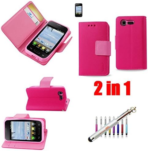(PINK) 2IN1 WALLET CASE FITTING CASE FOR LG Optimus Fuel L34C / LG OPTIMUS ZONE 2 -INTERIOR LEATHER-LIKE MATERIAL AND POLYMER COVER - Carrying Case - Retail Packaging+New SNK Stylus Touch Pen