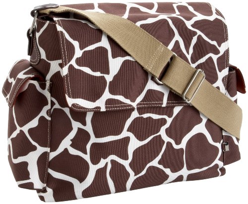 Oioi Giraffe Print Messenger Diaper Bag in Cocoa on White, Burnt Sienna, and Faux leather trim