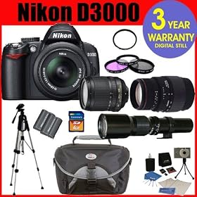 Nikon D3000 10.2 MP Digital SLR Camera with 18-55mm f/3.5-5.6G AF-S DX VR Nikkor Zoom Lens + Sigma 70-300MM Macro Zoom Lens + Rokinon 500mm HD Telephoto Zoom Lens with 2x Converter (=1000mm) + High Capacity Li-Ion Battery + 4 GB Memory Card + 50 Titanium Anodized Tripod + 6 Piece Accessory Kit + De