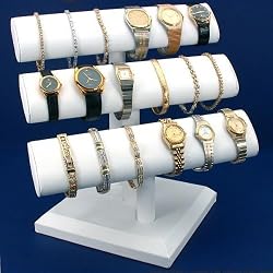 Triple Tier White Leather Oval T-Bar Bracelet Watch Jewelry Display Stand