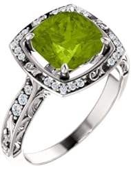 14K White Gold 8.00x8.00mm Antique Cushion Cut Peridot and Diamond Ring -- LIFETIME WARRANTY