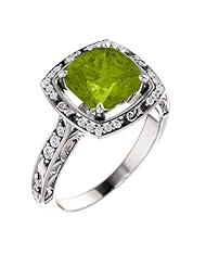 18K White Gold 8.00x8.00mm Antique Cushion Cut Peridot and Diamond Ring -- LIFETIME WARRANTY
