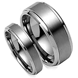 Matching Wedding Band Set, His & Her Tungsten Rings, Brush Matted Finish, Bevel Edge, 8MM (Size 8-15), 5MM (Size 5-8) Half Sizes