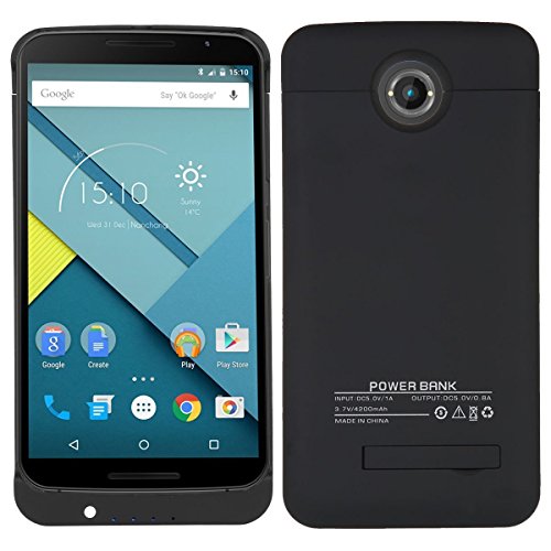 Google Nexus 6 Battery Case, Meixinde 4200mAh Rechargeable Backup Battery Charger Power Bank Pack Compact Slim Fit Protective Cover with Stand for Google Nexus 6 - Black