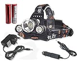 Boruit 5000Lumen CREE XM-L XML 3 x T6 LED Headlight Light Headlamp Head Lamp Flashlight+ 2 x 18650 Battery + 1 x AC Charger + 1 x Car Charger For Outdoor Sports Like Cmaping Hiking Fishing