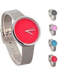 Fashion Minimalism Women Ladies Simplicity Stainless Steel Analog Quartz Wrist Watch (Red Dial)