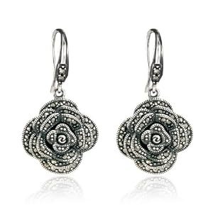 Sterling Silver Marcasite Rose Drop Wire Earrings