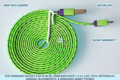 NTJ 2m (6ft) Long Flat Noodle Braided Woven Tangle Free Micro USB Pin Charging Data Sync Cable for ALL Android Phones Galaxy S2 S3 S4, Htc One X, Lg, Samsung Galaxy Note 2, Note 3, Sony Experia, Nokia Lumia, Lg Optimus, Casio, Blackberry, Motorola Droid, Pantech, Etc. (10 Colors to Choose From) (Light Green)
