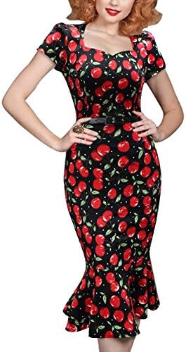 Totina Women's Vintage 1950s Pinup Mermaid Party Cocktail Evening Wiggle Dress XXL Black Red Cherry