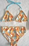 Girls 7-16 2-piece Swimwear Triangle Top Bikini Orange Plaid/Aqua