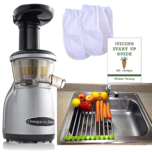 Omega VRT350 Juicer + Folding Drain Rack + 2 Nut Milks Bags + Juicing Book,Recipes + CocoDrill Coconut Tool Heavy Duty Vertical Single Auger Low Speed Juicer