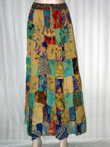 Womens Fashion Skirt Blue-green with Blond Color Patchwork Floral Print Fashion Skirt 38" Long Free Shipping
