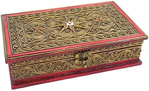 Hand Carved Wooden Jewelry Box with Gold Embossed Swirls and Stars Pattern Decorative Trinket Keepsake Treasure Chest Box with Mirror