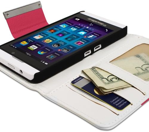 Avyden Leather Flip Wallet Folio Card Holder Case for BlackBerry Z10 (White/Pink/Black)