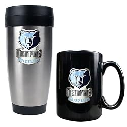 Memphis Grizzlies NBA Stainless Steel Travel Tumbler & Black Ceramic Mug Set - Primary Logo by Great American Products