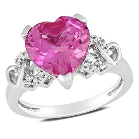 Sterling Silver 4 1/5 CT TGW Created Pink Sapphire 0.06 CT TDW Diamond Heart Ring (G-H, I2-I3): Jewelry