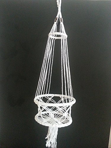 4 Legs Macrame White Cotton Plant Holders with Bamboo Ring Inside and Brown Wood Bead Decoration . White Color, 20-inches Length
