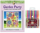 Sargent Art Fluorescent Gel Pens 10 Count, and Dover Creative Haven Garden Party Stained Glass Adult Coloring Book, Gift Bundle of 2 (Transparent Coloring Paper that Glows Like Stained Glass)