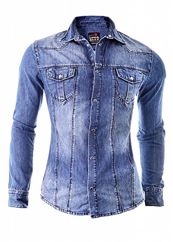 Cipo & Baxx Men's Denim Shirt with Decorative Clasp Buttons and Classic Collar