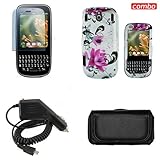 Palm Pixi CDMA Sprint Combo Red Flower on White Design Protective Case Faceplate Cover + LCD Screen Protector + Rapid Car Charger + Black Horizontal Leather Pouch for Palm Pixi CDMA Sprint