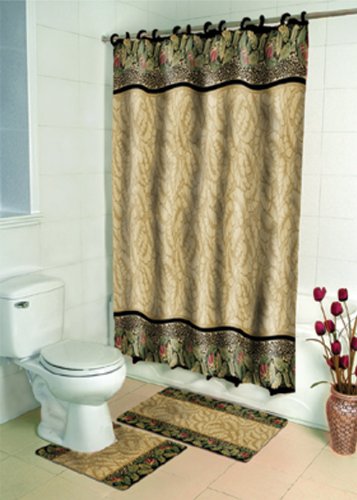 AKEELA JUNGLE LEOPARD THEME FABRIC SHOWER CURTAIN, FABRIC COVERED RINGS, AREA RUG & CONTOUR RUG SET