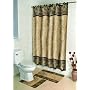 "AKEELA" JUNGLE LEOPARD THEME FABRIC SHOWER CURTAIN, FABRIC COVERED RINGS, AREA RUG & CONTOUR RUG SET