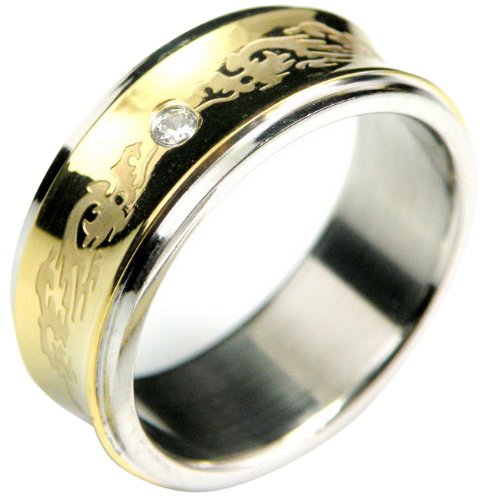 Best Stainless Steel Concave Gold Inlay Dragon Cubic Zirconia Band Ring – Men (Size 7) Reviews