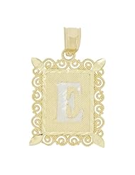 14k Yellow Gold White Rhodium, Initial Letter E Pendant Charm Sparkly Classic and Fancy Filigree Design