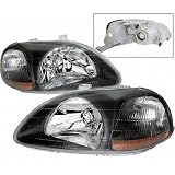 96-98 Honda Civic EK JDM Black Housing Headlights with Amber Reflectors by VMS Racing