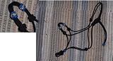 black, blue gold clinician rope horse halter with extra nose knots