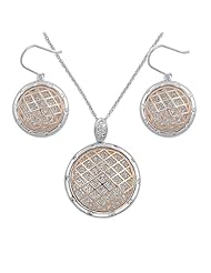 Sterling Silver CZ Two Toned Fence Pattern Round Earring Pendant Set