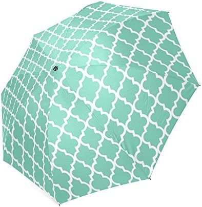 Custom Green and White Quatrefoil Pattern,Moroccan tile Quatrefoil Pattern Auto Foldable Umbrella 100% polyester pongee waterproof fabric