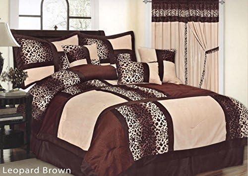 7-Piece Micro Fur Leopard Patchwork Bed-In-A-Bag Comforter Set King Brown, Black