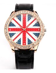 AMPM24 Women Lady Girl Union Jack British Flag Black Leather Quartz Watch WAA210