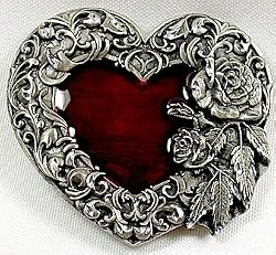 Red Heart Rose and Leaf Border Enamel Pewter Buckle