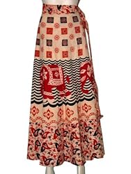 Party Wear Orange Printed Cotton Wrap Around Skirts 40" L