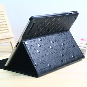 Black / Bear and Heart Design PU Leather Stand Case / Cover / Skin / Shell / for Apple iPad 2 + Free Screen Protector (1525-5)