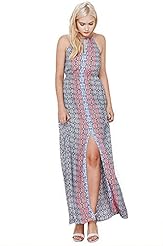 Fall General Print Slit Keyhole Halter Maxi Dress 