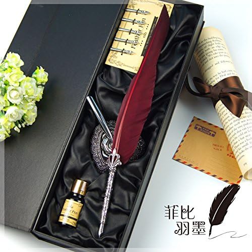 YYCAM Europe Style Retro Antique Hand Carved Feather Pen,Colorful Writing Quill Pen Set,With Ink, Heart-Shaped European Pen Holder And 5 PCS Nib (Wide Red )