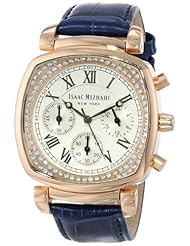 Isaac Mizrahi Womens IMN54N Rose Gold Cushion Crystal Case Navy Leather Croco Embossed Leather Strap Watch