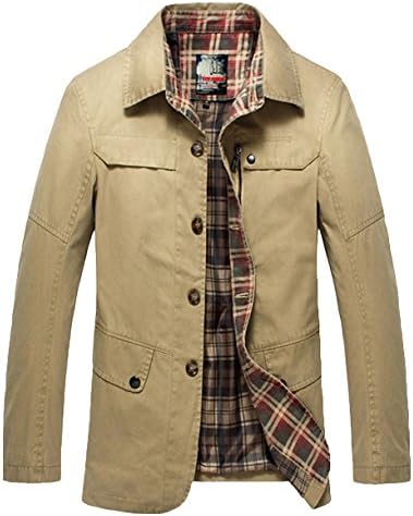 FGYP Men's Stylish Stand Collar Jacket Windbreaker Trench Khaki Fall Coat M