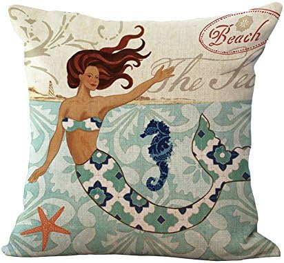 Modern Design Mediterranean Style Cotton Linen Square Home Decorative Throw Pillow Case Cushion Cover 18 "X18 " ... (Mermaid 3)