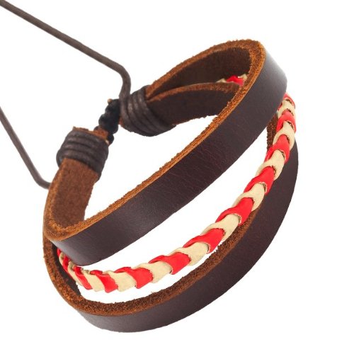 Unique Mens Earth Brown Leather Bracelet Cuff Jewelry (Red White) Free Shipping