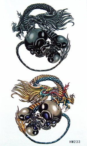 Kinghorse Awesome Skulls and Dragons Tattoo Water -Sweat Proof Body Sticker for Men