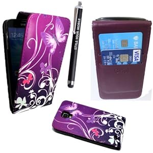 SAMSUNG GALAXY S4 ACTIVE i9295 ULTRA BUTTERFLY PURPLE CARD POCKET HOLDER PU LEATHER MAGNETIC FLIP CASE COVER POUCH + FREE STYLUS