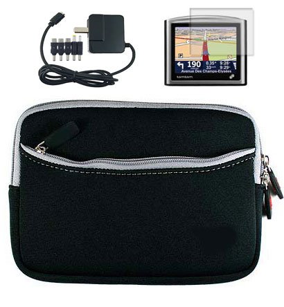 GPS Home Wall Charger + Garmin Nuvi 255W 850 765T 780 1350 Neoprene Carrying Case for Garmin 4.3 inch GPS + Screen Protector (Many Colors) (Black*)