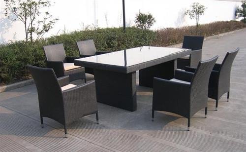 Polyrattan Glastisch AVIGNON mit 6 Stühlen schwarz