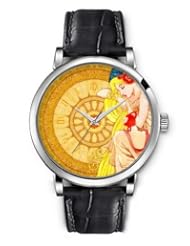 SPRAWL Aanalog Fashion Series Silver Ladies Watches of Genuine Black Leather Strap,Unique Wrist Watch for Women Girls Designed with Goddess on a clock head