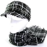 PLAID JUNIOR CADET GI CABBIE BUTTON HAT SCARF SET BLACK SMALL MEDIUM